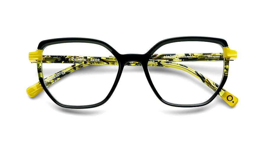 Das Bild zeigt die Korrektionsbrille DAKOTA BKGR von der Marke Etnia Barcelona in Schwarz-Gelb gemustert.